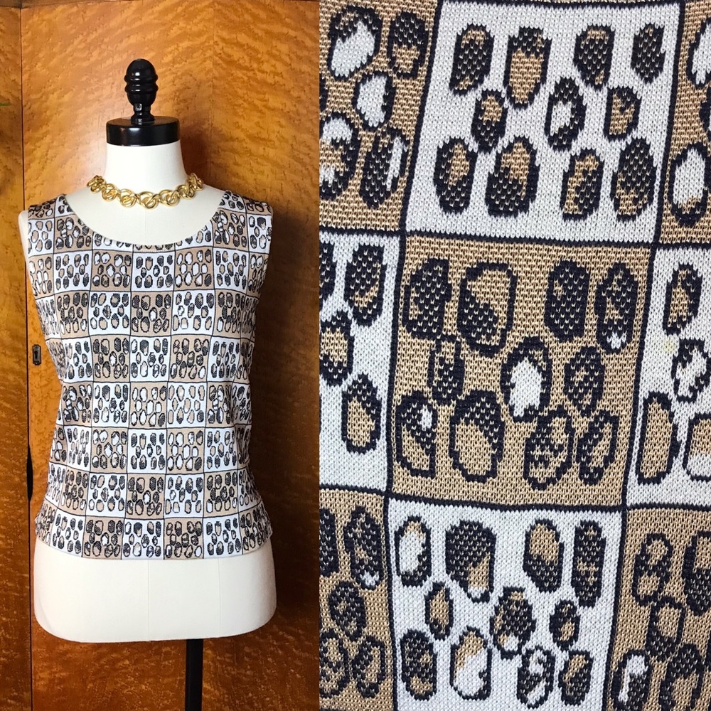 St. John Leopard Print Knit Tank Top in Black, White & Tan